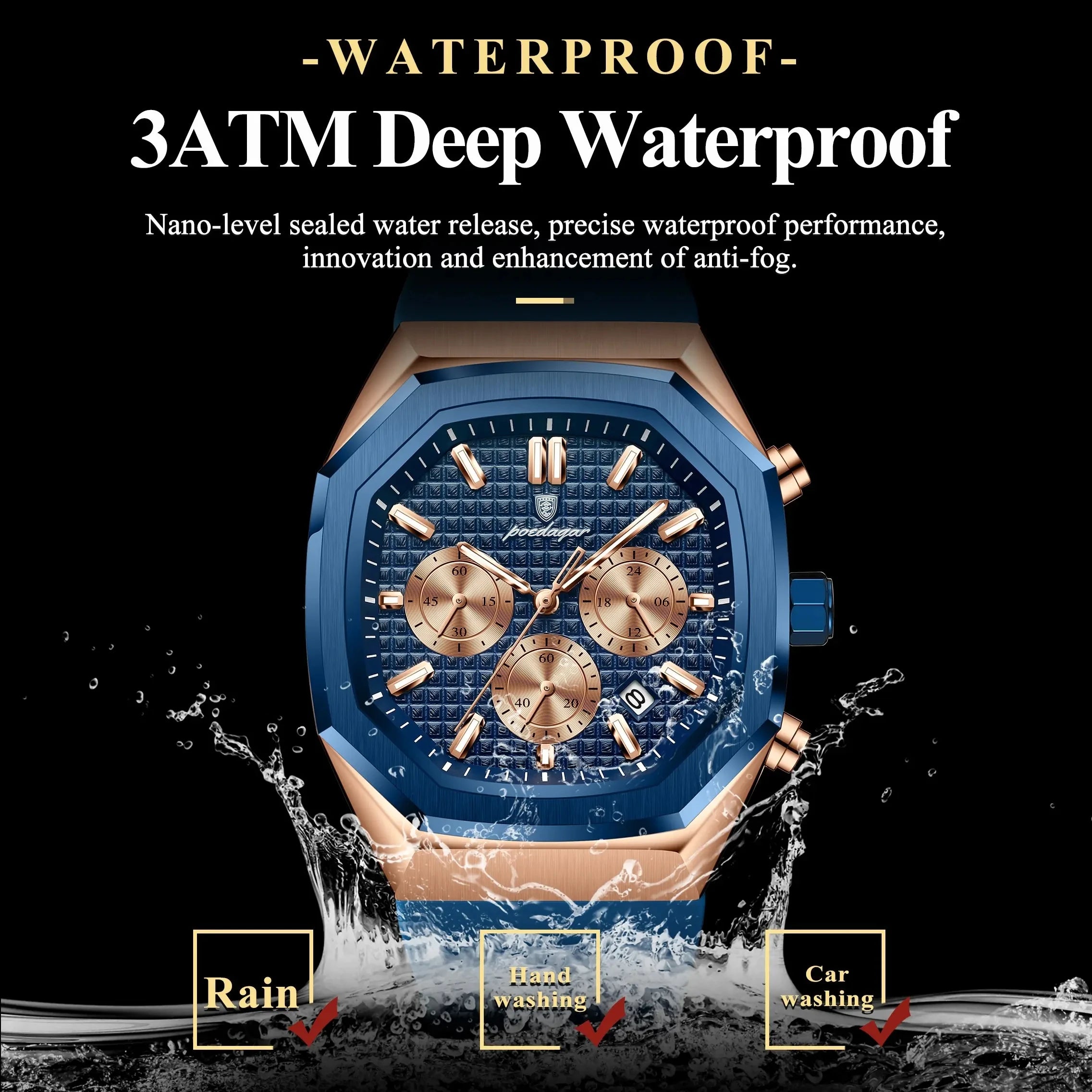 POEDAGAR 893 Sports Man Wrist Waterproof Luminous Luxury Watch Male Soft Silicone Strap Chronograph Date Quartz Men's Watches