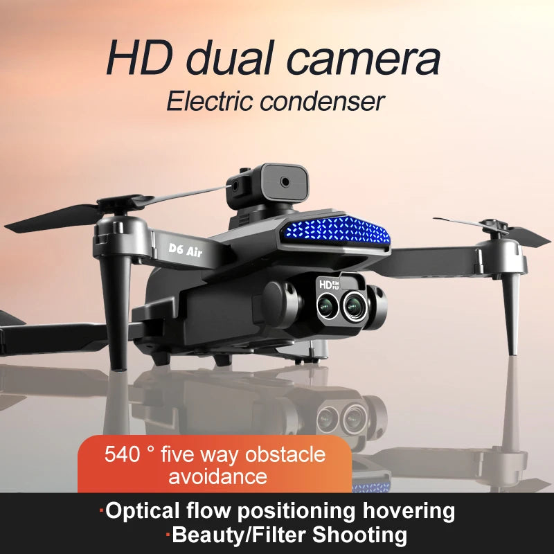 D6 air Drone 4K HD Dual Camera WiFi FPV Obstacle Avoidance Optical Flow RC Quadcopter Foldable RC Drone Toys