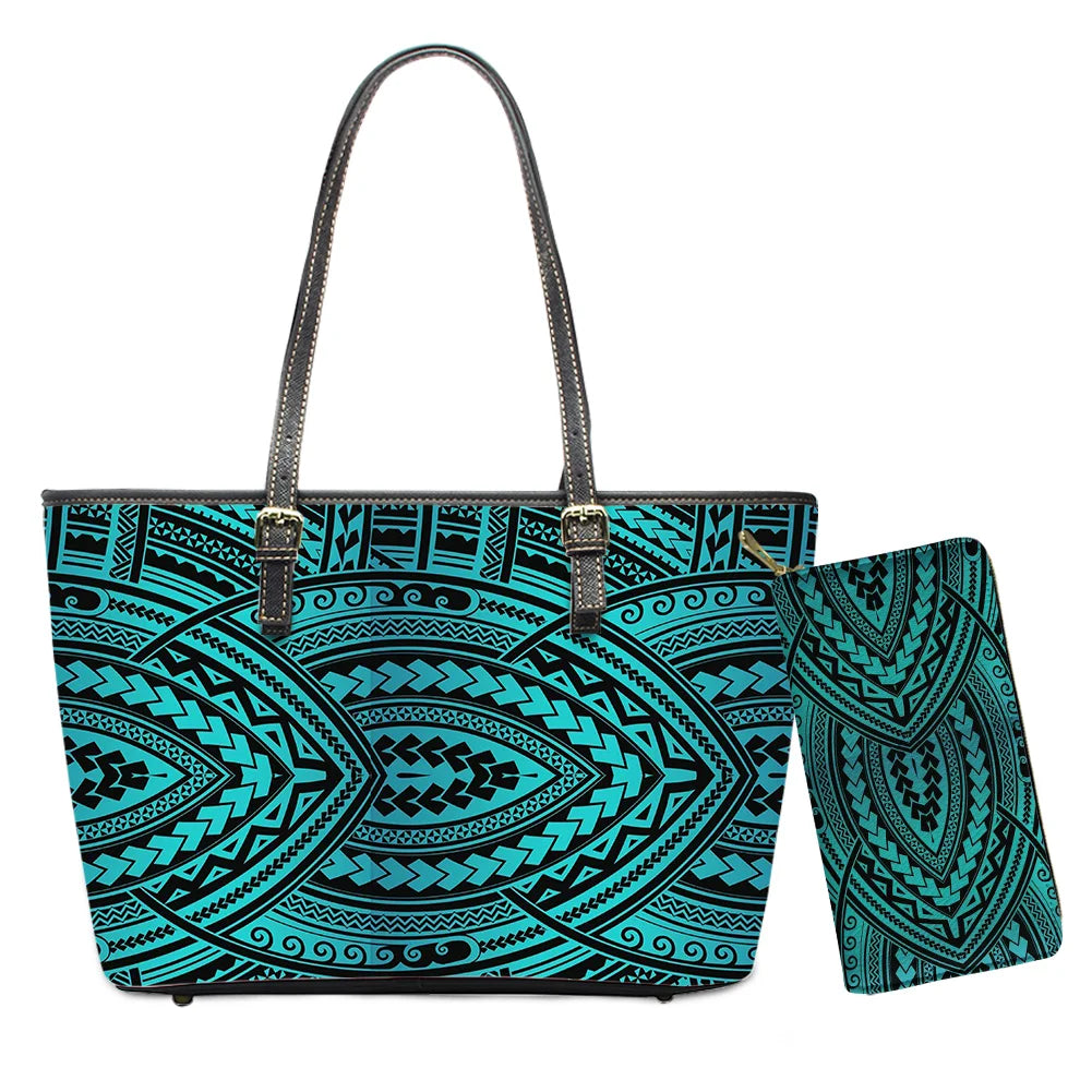 Hawaiian Flower Polynesian Design Print Women Handbags and Purses Set Customized Large Leather Tote Matching Long Zipper Wallet