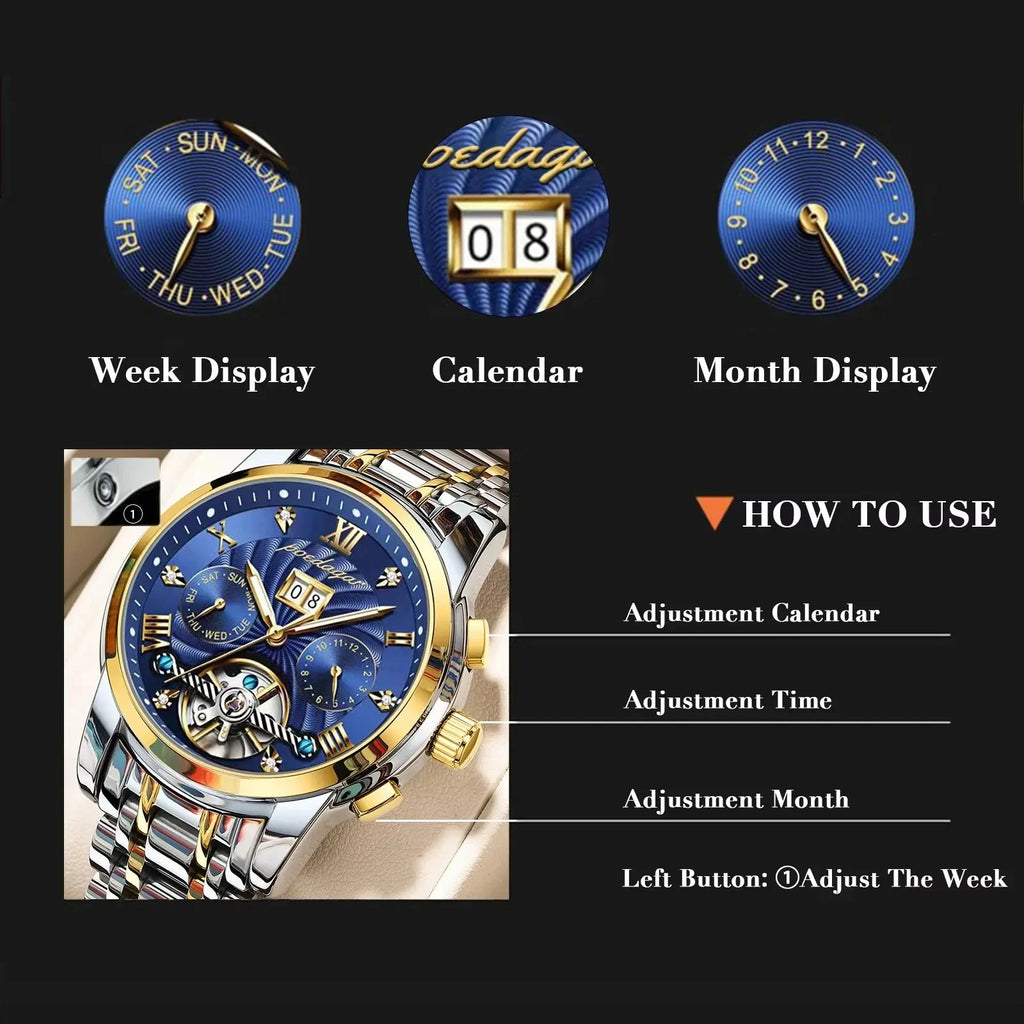 POEDAGAR 1408 Mechanical Men Wrist Watch Waterproof Luxury Hollow Tourbillon Automatic Date Stainless Steel Belt Men's Watches
