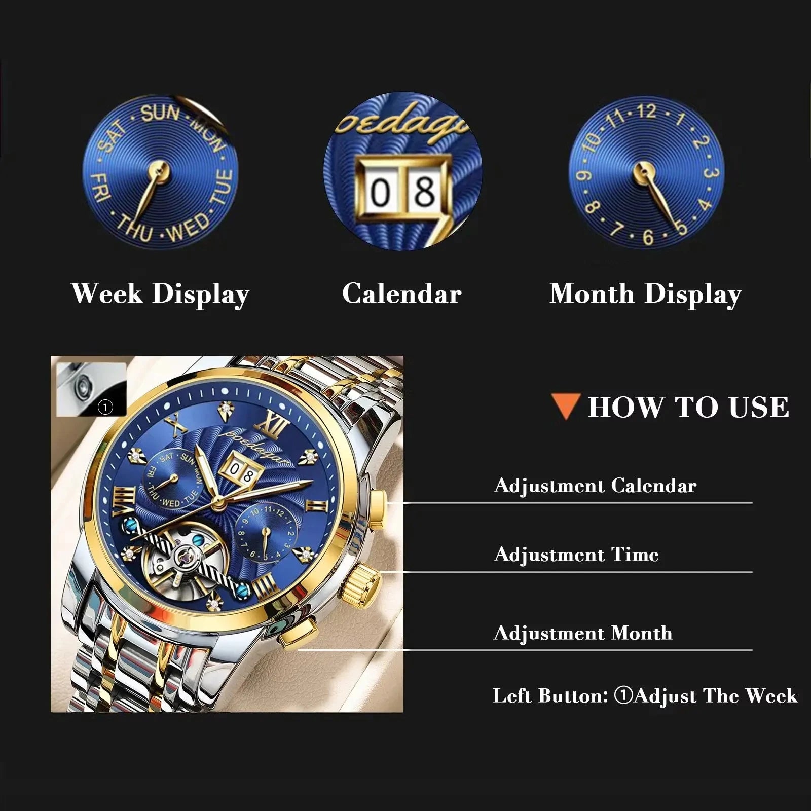 POEDAGAR 1408 Mechanical Men Wrist Watch Waterproof Luxury Hollow Tourbillon Automatic Date Stainless Steel Belt Men's Watches