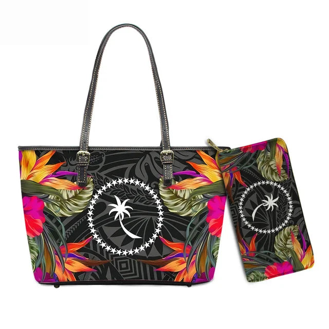 Hawaiian Flower Polynesian Design Print Women Handbags and Purses Set Customized Large Leather Tote Matching Long Zipper Wallet