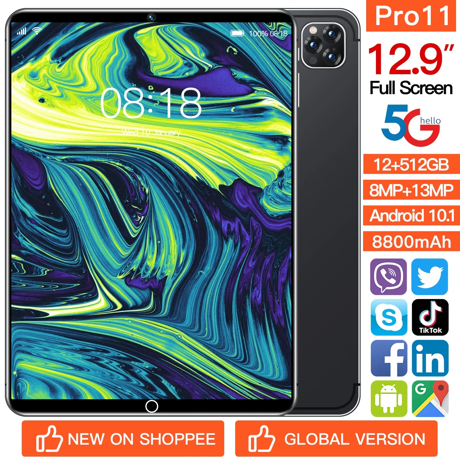 Pro11 12.9-Inch Tablet with 12GB+512GB 5G Dual Sim GPS 8MP+13MP Cameras MTK Processor for Students and Business Factory New
