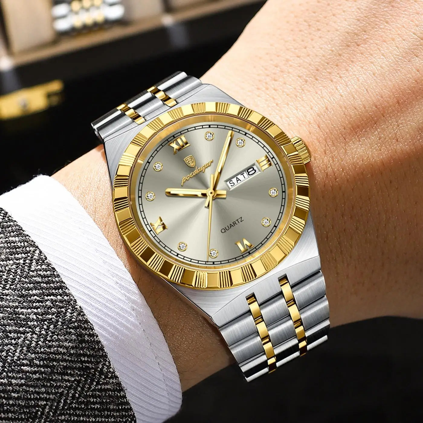 POEDAGAR 872 Week Date Watch Men Life Waterproof Original Diamond Wristwatch Quartz Reloj Luminous Stainless Steel Men's Watches