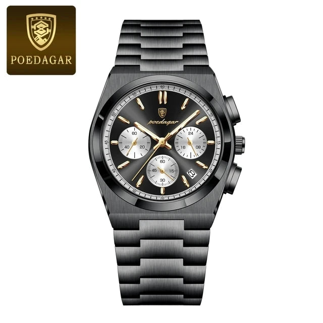 POEDAGAR 970 New Luxury Man Quartz Watch Sport Watch for Men Waterproof Luminous Date Chronograph Stainless Steel Men's Watches