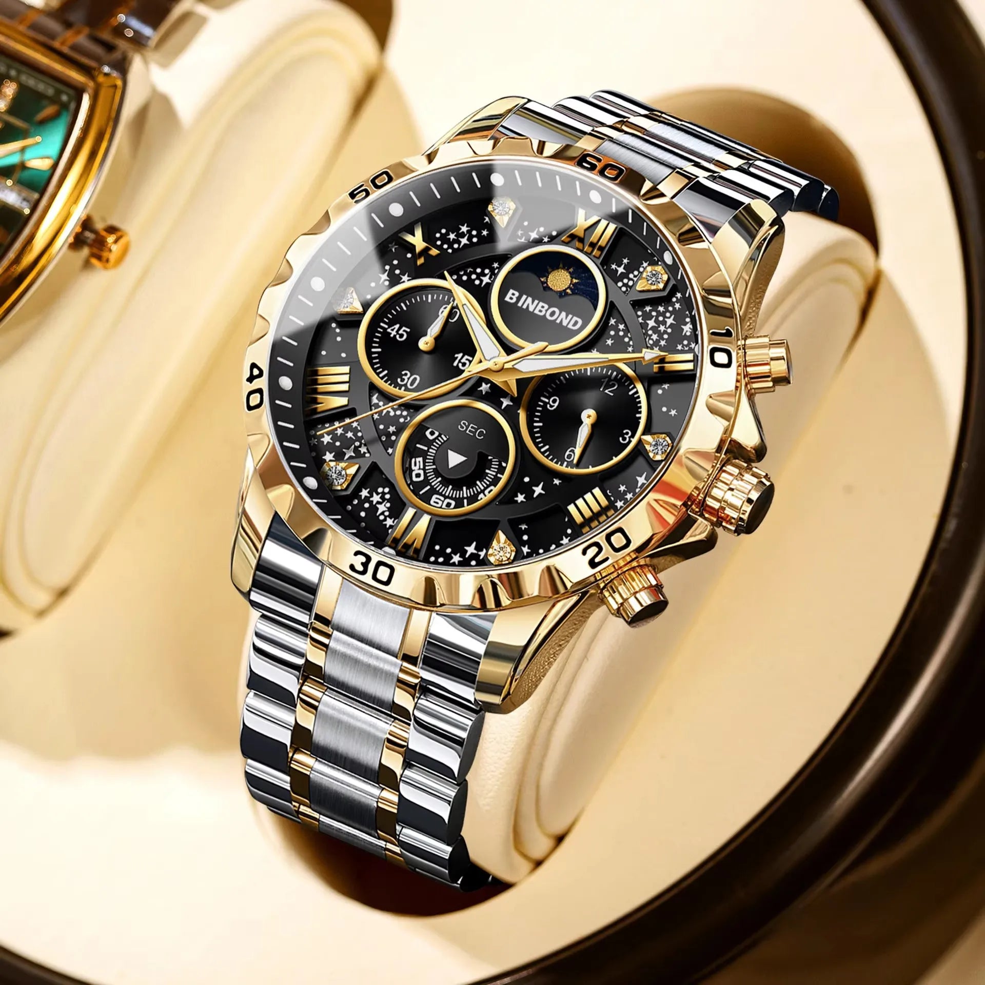 Binbond B7741 7741 Original Men Clock Sports Waterproof Luminous Chronograph Date Stainless Steel Quartz Men's Watches Reloj