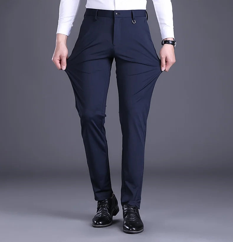 2024 Men Business Suit Pants Embroidery Ice Silk Formal Office Suit Long Trousers Stretch Slim Straight Solid Color Casual Pants