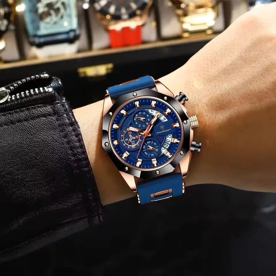 POEDAGAR 913 New Luxury Men Watch Waterproof Luminous Date Sport Man Wristwatch Chronograph Silicone Strap Quartz Men's Watches