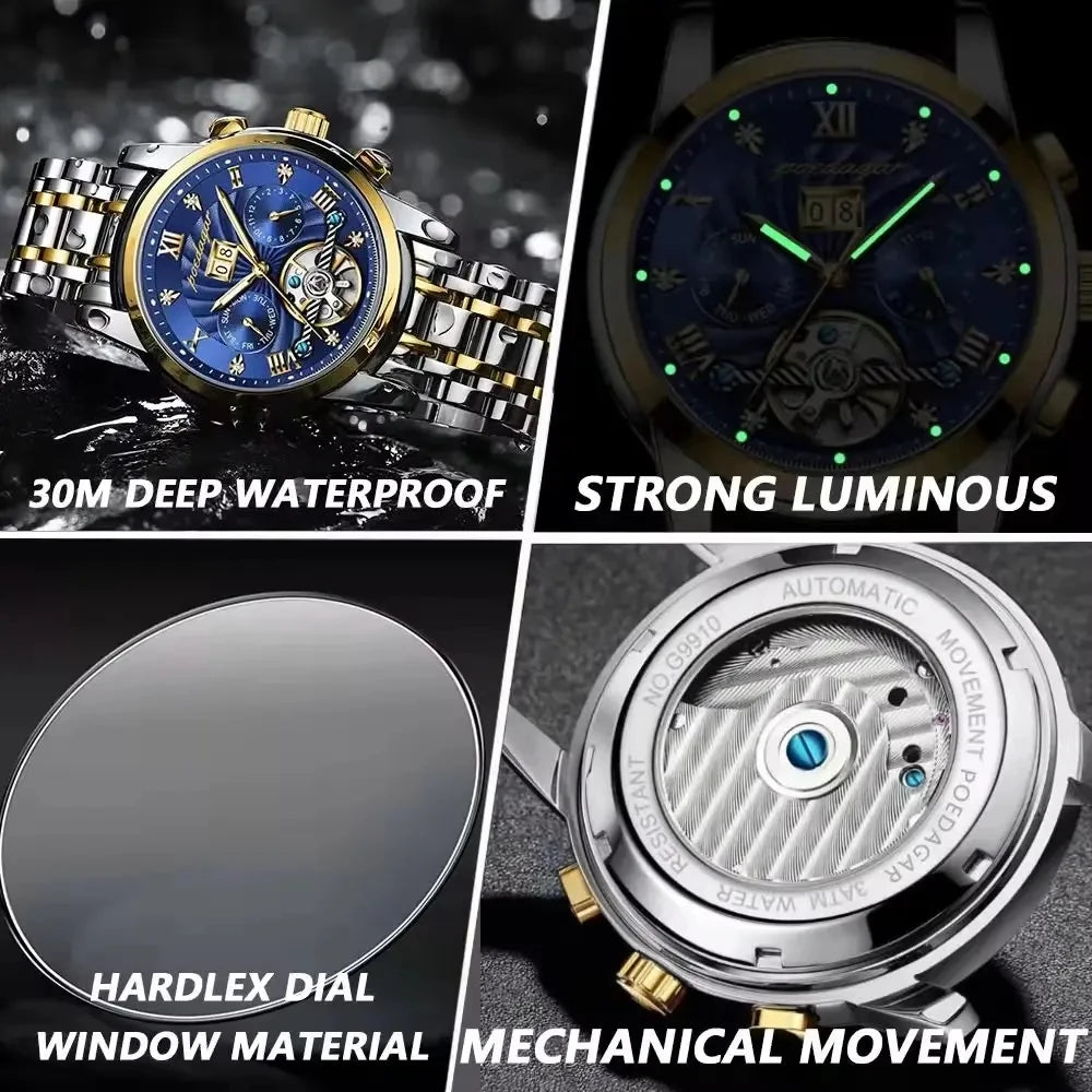 POEDAGAR 1408 Luxury Hollow Tourbillon Automatic Mechanical Men Wrist Watch Waterproof Date Stainless Steel Belt Men's Watches