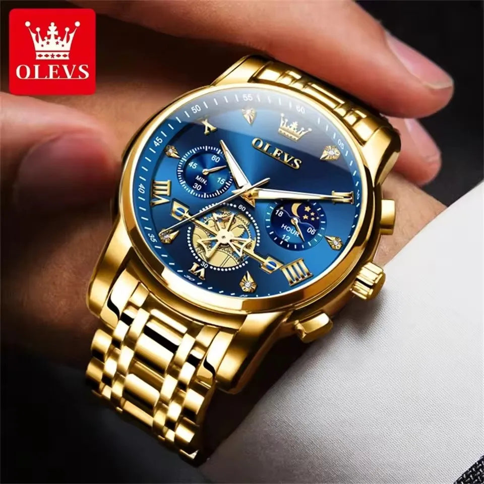OLEVS Luxury Men's Watches Classic Roman Scale Flywheel Moon Phase Waterproof Quartz Watch for Men Classic 2856 Chronograph