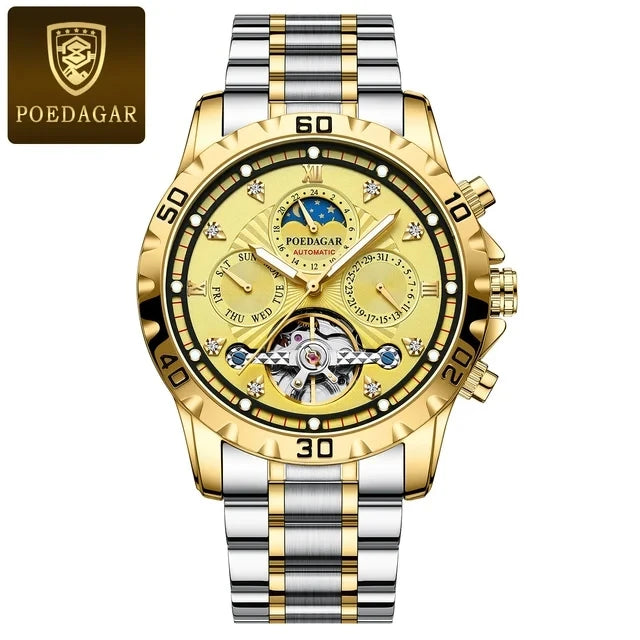POEDAGAR Luxury Automatic Mechanical Men Watch Tourbillon Waterproof Luminous Date Week Wristwatch Stainless Steel Men's Watches