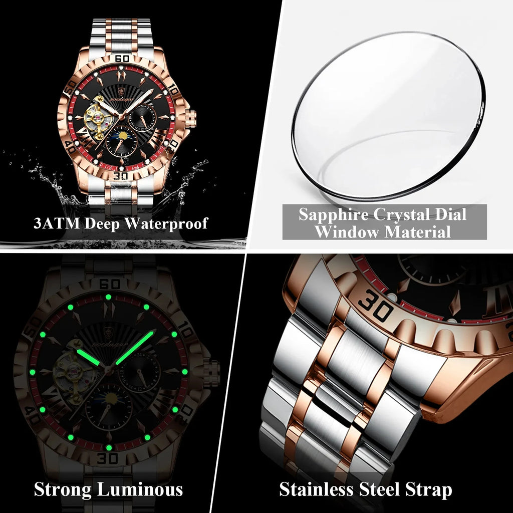 POEDAGAR 1415 Mechanical Watch Multi-functional Moon Phase Original Stainless Steel Automatic Luminous Waterproof Men's Watches