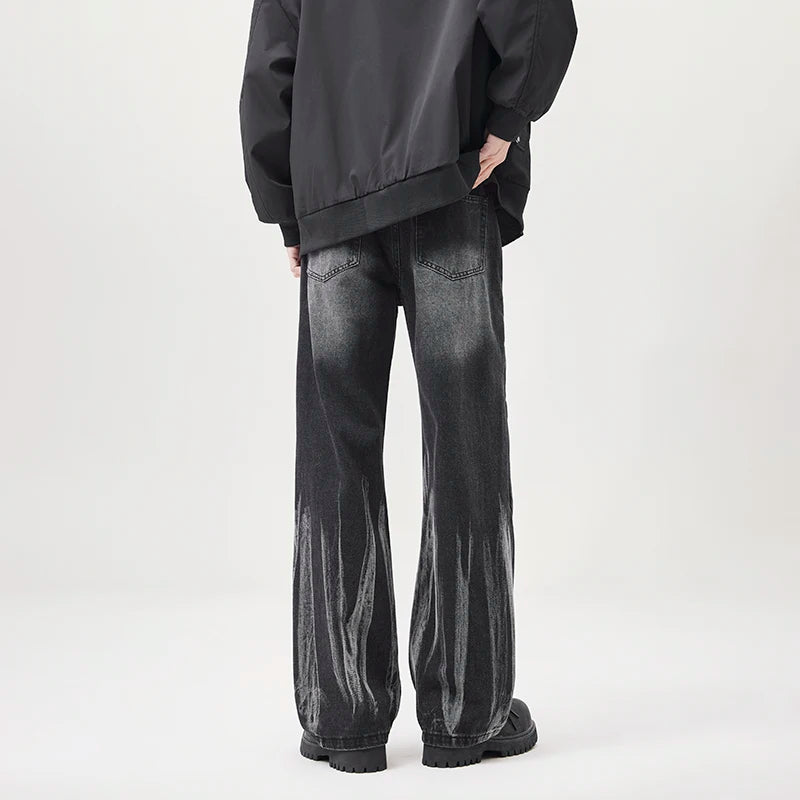 High Street Vintage Stone Wash Niche Fashion Tie-dye Loose Wide Leg Vertical Casual Pants Straight Leg Custom Designer Men Jeans