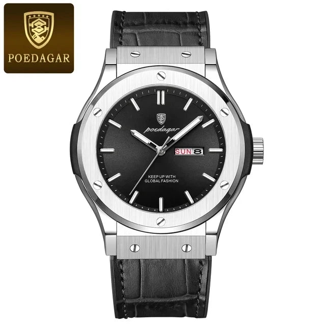 POEDAGAR Fashion Men's Watches Trend Classic Classic Quartz Watch for Man Waterproof Luminous Week Date Wristwatch Leather 952