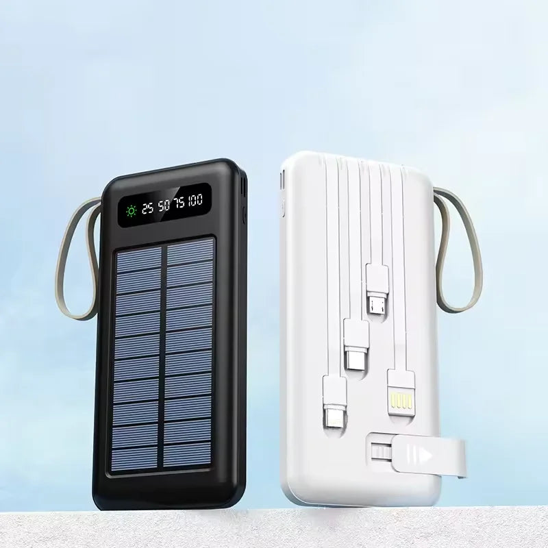 Lanyard Design Comes with Mobile Phone Holder 2USB Output 1 to 4 Output Charging Cable 20000 MAh Solar Power Bank