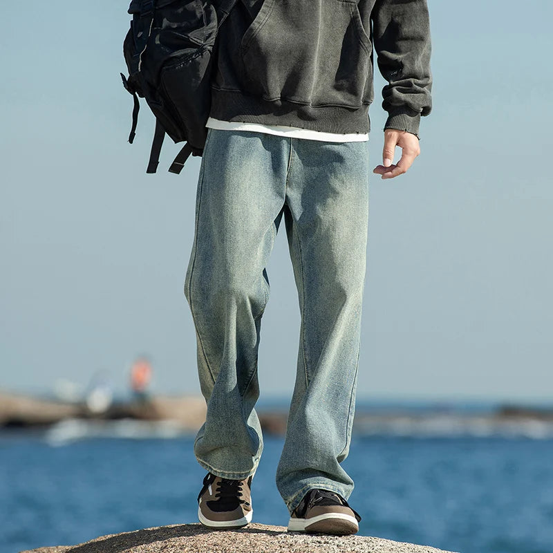 ANSZKTN American High Street Gradient Jeans Fashionable Autumn and Winter Unisex Loose Straight Leg Men's Casual Pants