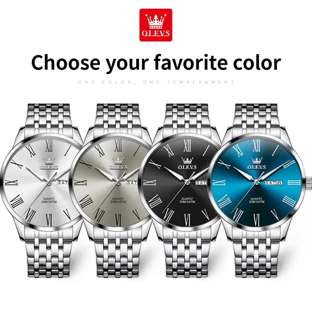 OLEVS 3633 Men's Watches Stainless Steel Business Quartz Watch for Man Waterproof Luminous Dual Calendar Display Wristwatch