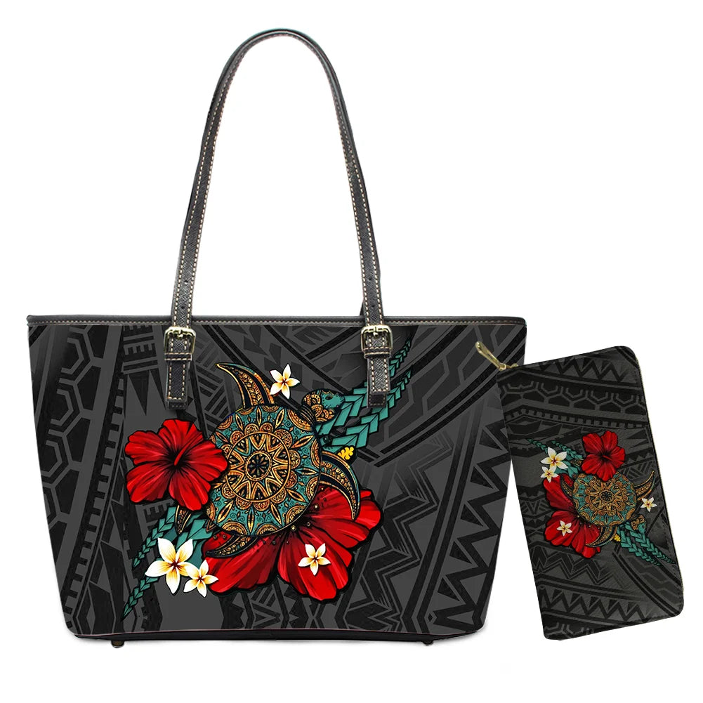 Hawaiian Flower Polynesian Design Print Women Handbags and Purses Set Customized Large Leather Tote Matching Long Zipper Wallet