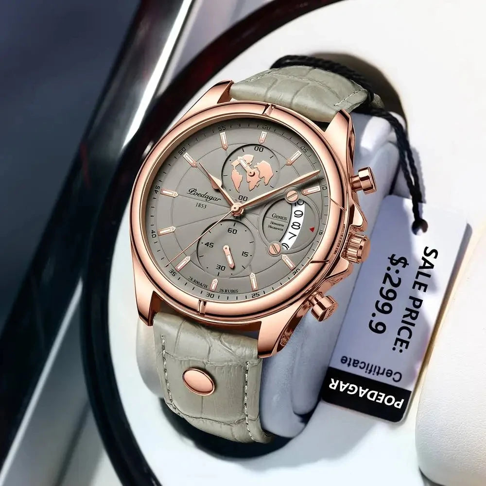 POEDAGAR Luxury Casual Sport Watch for Men Creative Chronograph Leather Strap Date Waterproof Men's Watches Relogio 989 Montre