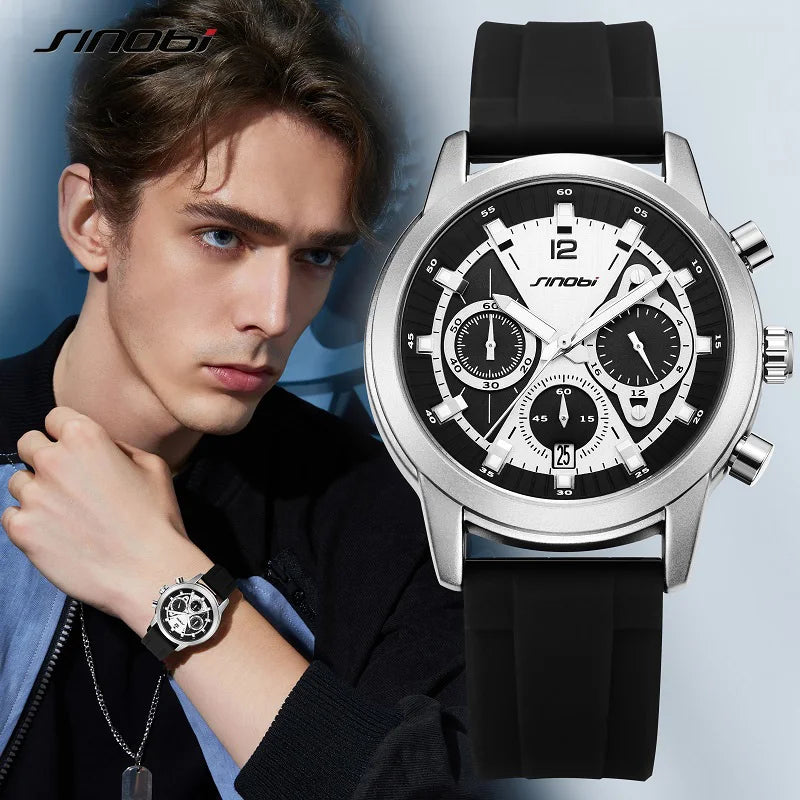 SINOBI Luxury Watch for Men Waterproof Luminous Date Chronograph Man Watch Sport Quartz Silicone Men's Watches With Box