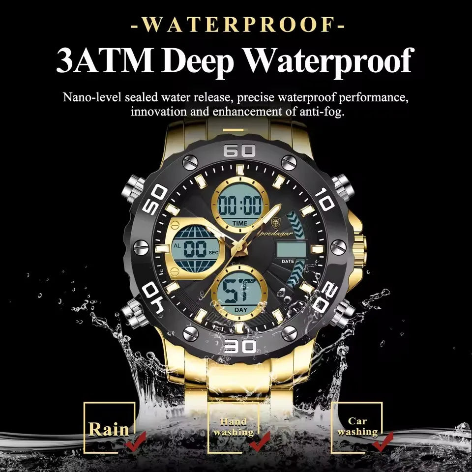 POEDAGAR Classic Men Clock Waterproof Luminous LED Date Week Chronograph Man Watch Dual Digital Display Quartz Men's Watches