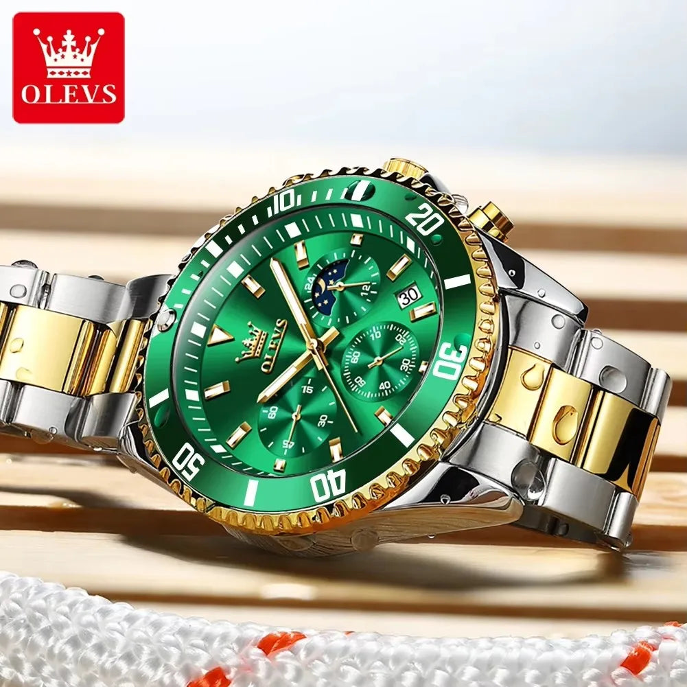OLEVS 2870 Luxury Quartz Watch for Men Stainless Steel Waterproof Top Men's Watches Moon Phase Date Chronograph Sports Man Watch
