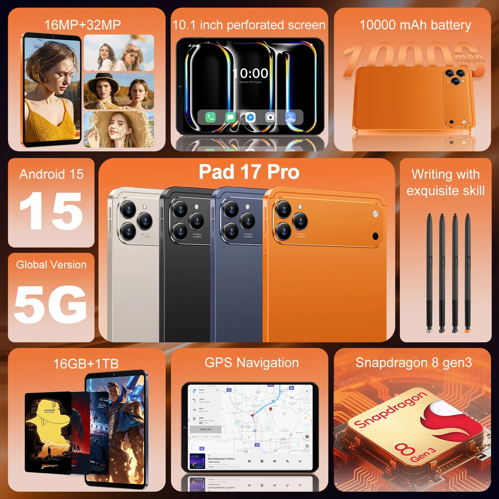 New Pad 17 Pro Educational Tablet PC 10.1" 2560x1600 Capacitive Screen 16GB Storage 5G/4G/3G/Wi-Fi Android 15 Dual Core 1.5GHz
