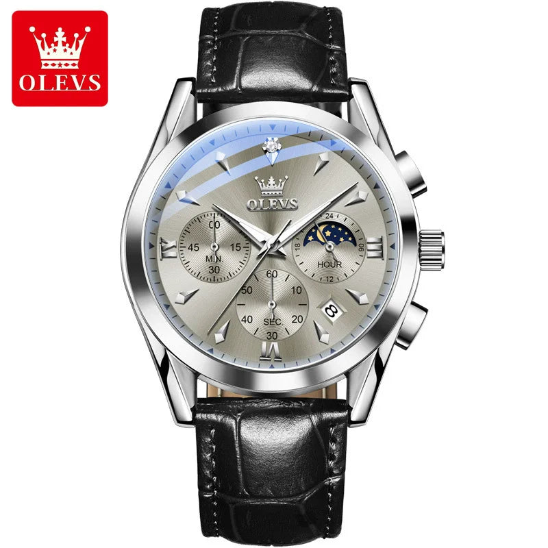 OLEVS New TOP Luxury 3609 Band Wristwatch Men Leather Strap Watch Men Auto Date Chronograph Moon Phase Waterproof Men's Watches