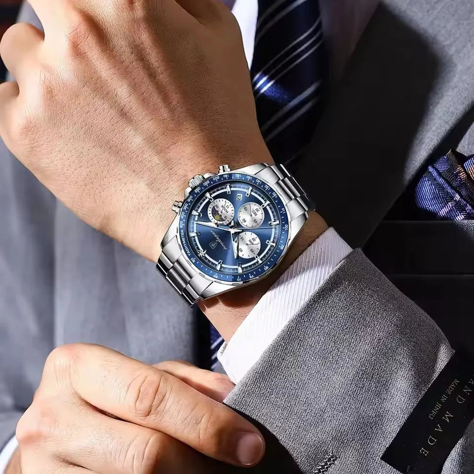 POEDAGAR 879 Original Watch Man Stainless Steel Quartz Men Clock Sports Waterproof Luminous Chronograph Date Reloj Men's Watches