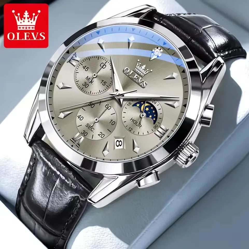 OLEVS New TOP Luxury 3609 Band Wristwatch Men Leather Strap Watch Men Auto Date Chronograph Moon Phase Waterproof Men's Watches