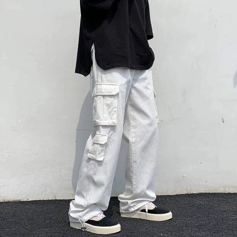 ANSZKTN Cargo Pants Men's Casual Pants Summer High Street Loose Retro Black Drawstring Tie Foot Pants