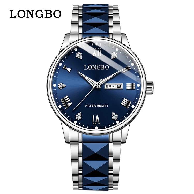 LONGBO 83702 New Arrival Quartz Men Watch Fashion Classic Stainless Steel Diamond Dial Gold Belt Dual Calendar for Men's Watches