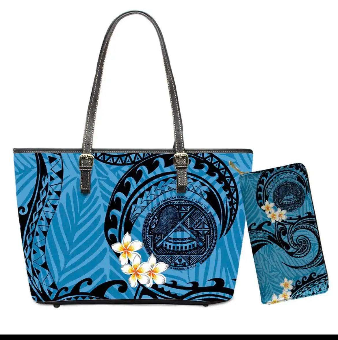 Hawaiian Flower Polynesian Design Print Women Handbags and Purses Set Customized Large Leather Tote Matching Long Zipper Wallet
