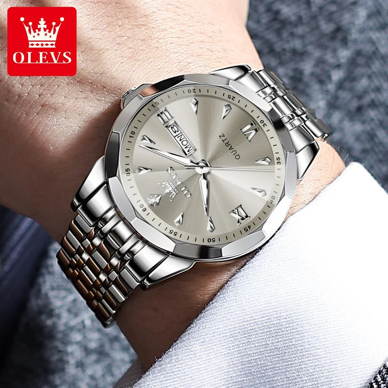 OLEVS 9998 Luxury Male Dual Calendar Luminous Wristwatch Fashion Original Men's Watches Waterproof Stainless Steel Quartz Watch