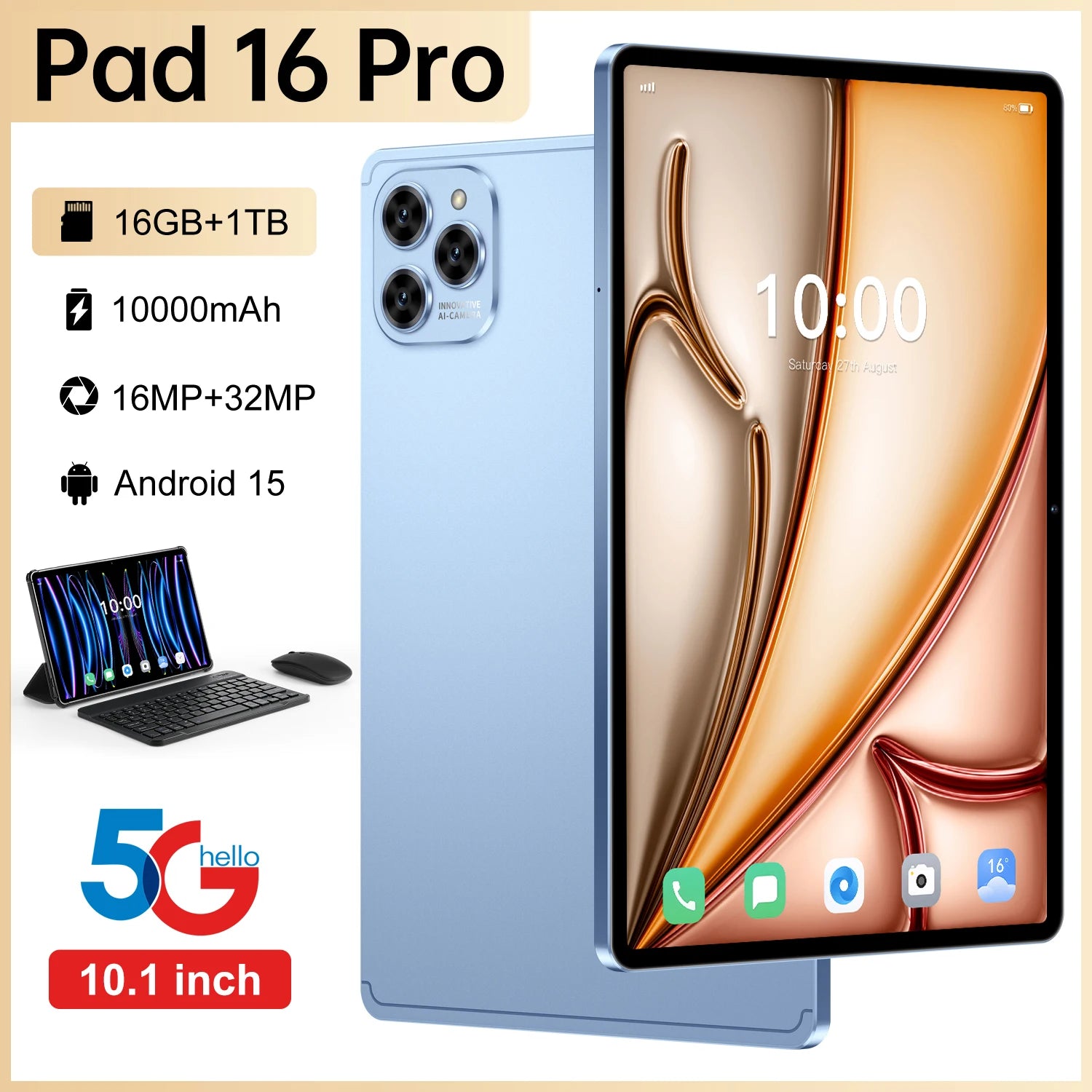 Hot-Selling 10.1" HD Octa Core Android 15 Tablet PC 16 Pro 16MP+32MP MTK 4G/5G 16GB Capacitive Screen