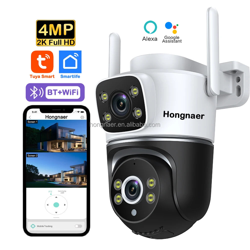 Hongnaer 4MP Wireless WiFi Video Surveillance IP PTZ Camera 360 CCTV Outdoor WiFi Security Dual Lens Tuya Smart Camera