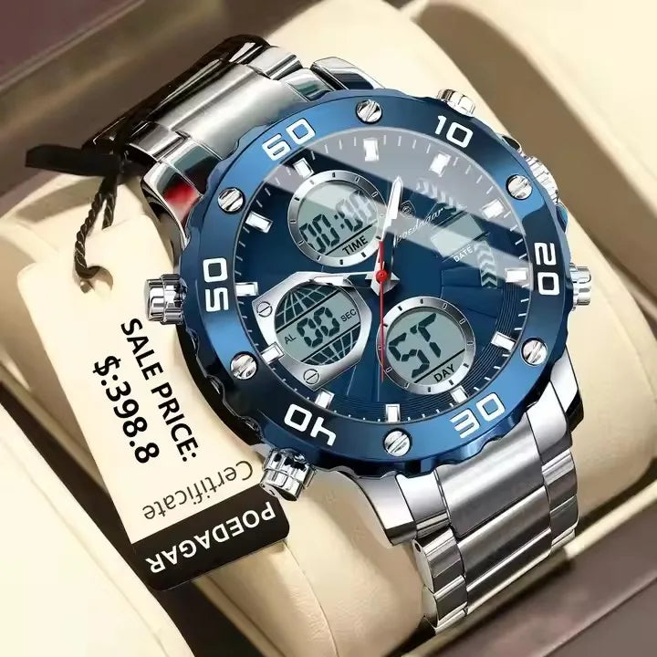 POEDAGAR Classic Men Clock Waterproof Luminous LED Date Week Chronograph Man Watch Dual Digital Display Quartz Men's Watches