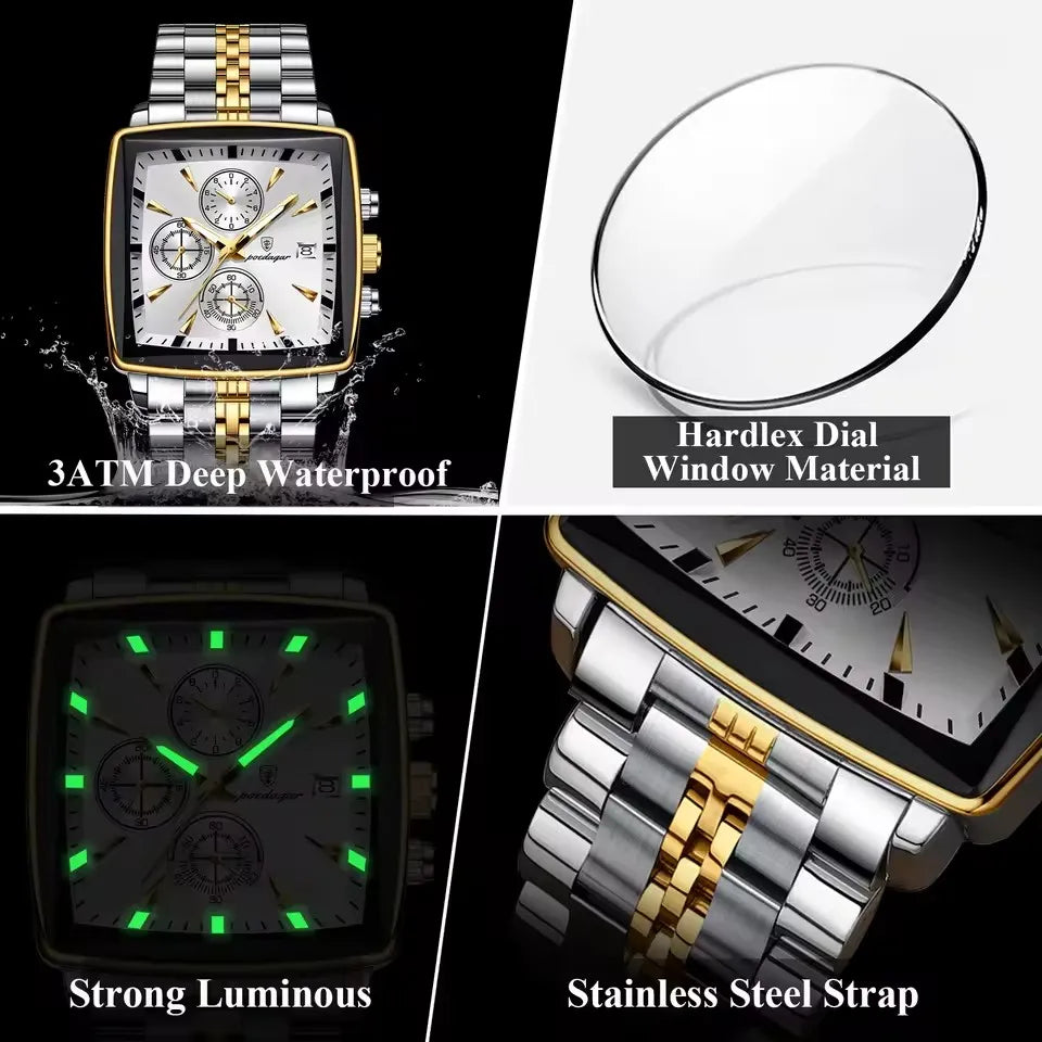 POEDAGAR 866 Fashion Square Sport Man Wristwatch Waterproof Luminous Chronograph Quartz Men's Watches Stainless Steel Men Watch