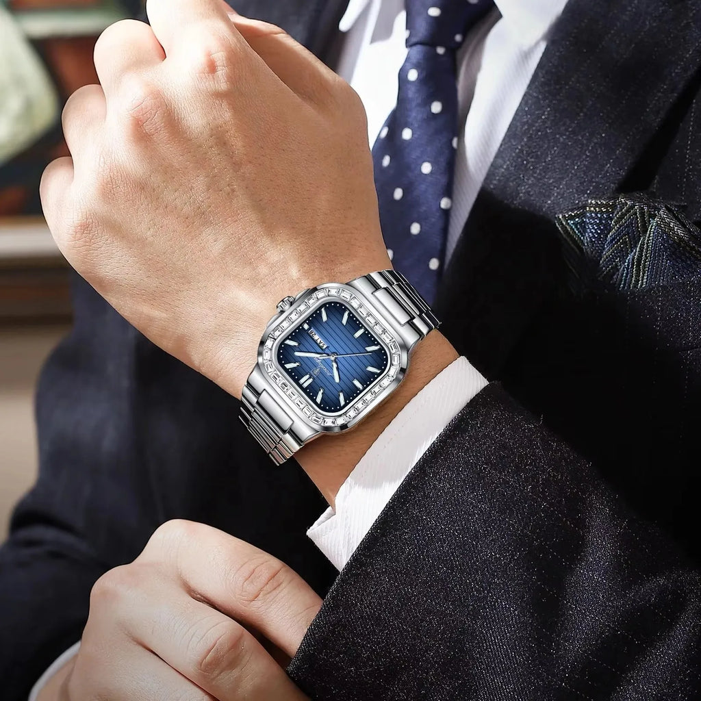 POEDAGAR New Luxury Gold Blue Quartz Watch for Men Stainless Steel Waterproof Luminous Date Week Fashion Square Men's Watches