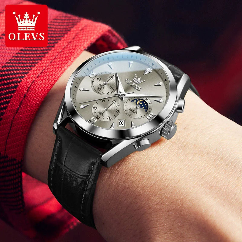OLEVS New TOP Luxury 3609 Band Wristwatch Men Leather Strap Watch Men Auto Date Chronograph Moon Phase Waterproof Men's Watches