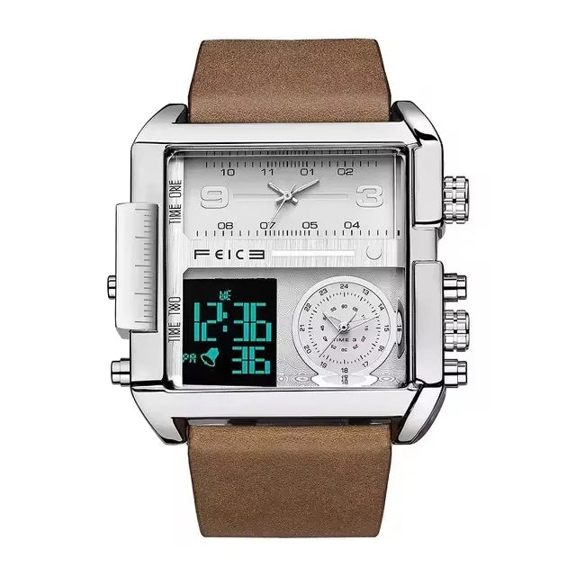 FELCE FK030 Analog Quartz Watches Big Square Dial Digital LED Waterproof Wristwatch Business Leather Strap Men's Watches for Men