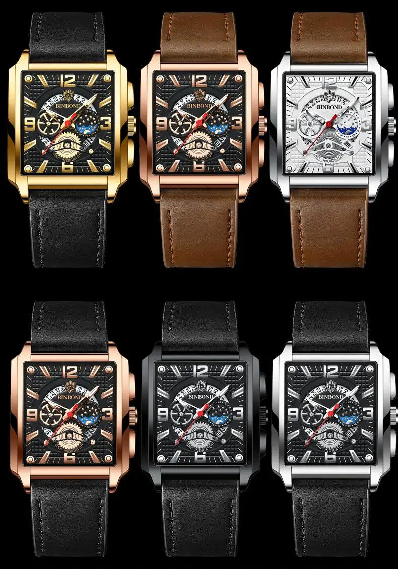 BINBOND B6575 6575 Fashion Brand Stainless Steel Leather Strap Waterproof Men's Watches Luxury Male Wristwatch Relogio Masculino