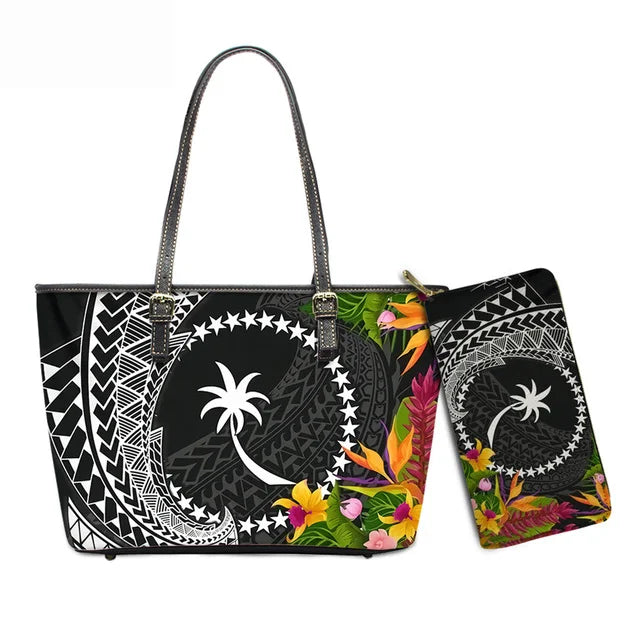 Hawaiian Flower Polynesian Design Print Women Handbags and Purses Set Customized Large Leather Tote Matching Long Zipper Wallet