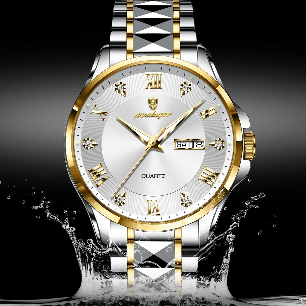 POEDAGAR 883 Date Week Man Wristwatch Stainless Steel Belt Fashion Men Clock Waterproof Luminous Quartz Men's Watches Male Reloj