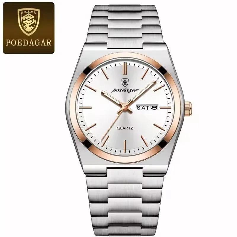 POEDAGAR 930 New Luxury Watch for Men Steel Man Wristwatch Quartz Clock Waterproof Luminous Date Week Men's Watches Reloj