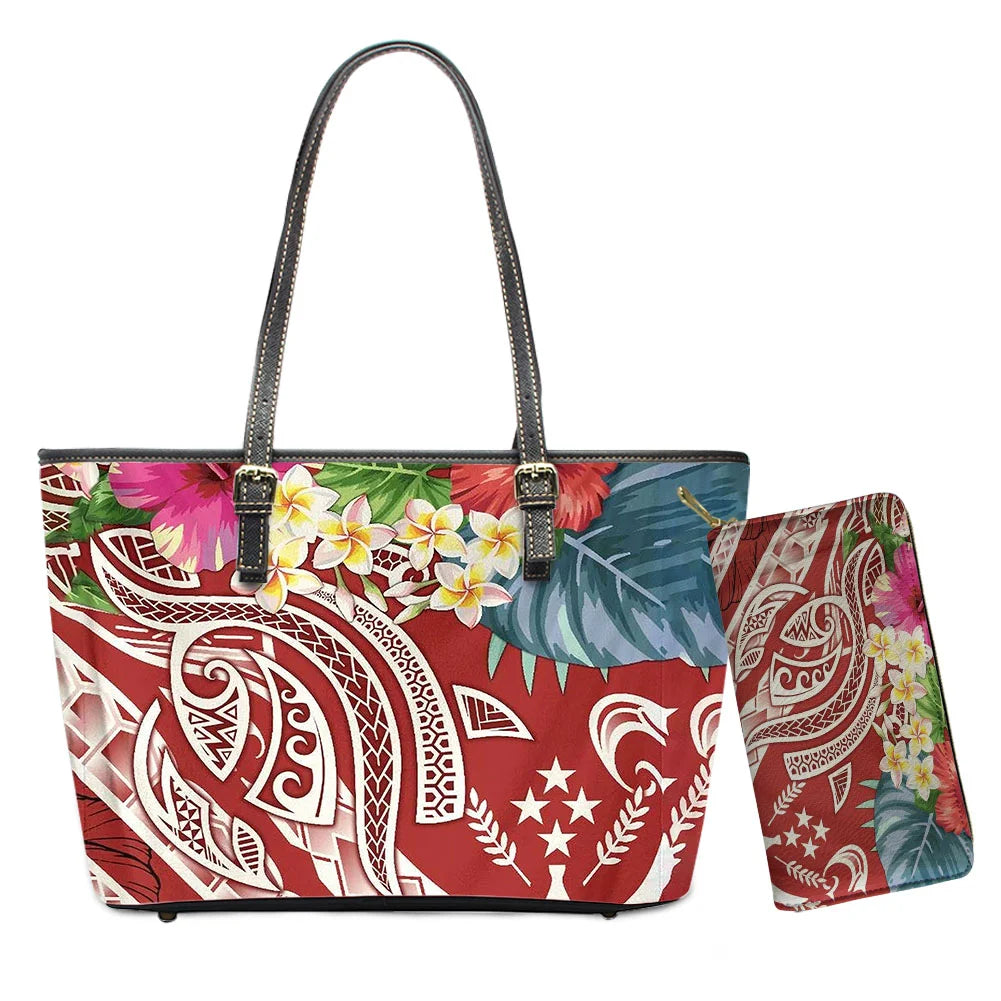Hawaiian Flower Polynesian Design Print Women Handbags and Purses Set Customized Large Leather Tote Matching Long Zipper Wallet