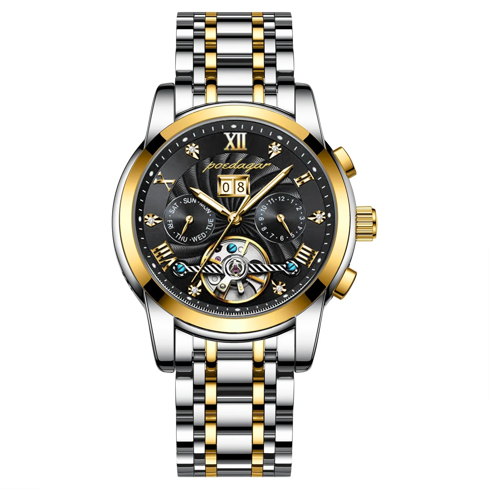 POEDAGAR 1408 Luxury Hollow Tourbillon Automatic Mechanical Men Wrist Watch Waterproof Date Stainless Steel Belt Men's Watches