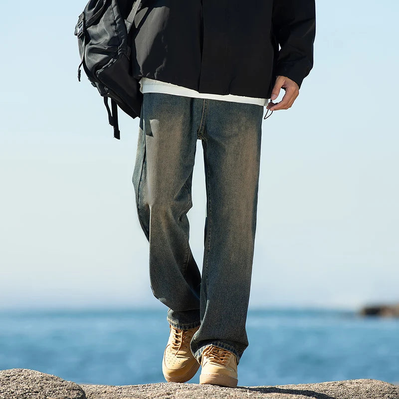 ANSZKTN American High Street Gradient Jeans Fashionable Autumn and Winter Unisex Loose Straight Leg Men's Casual Pants