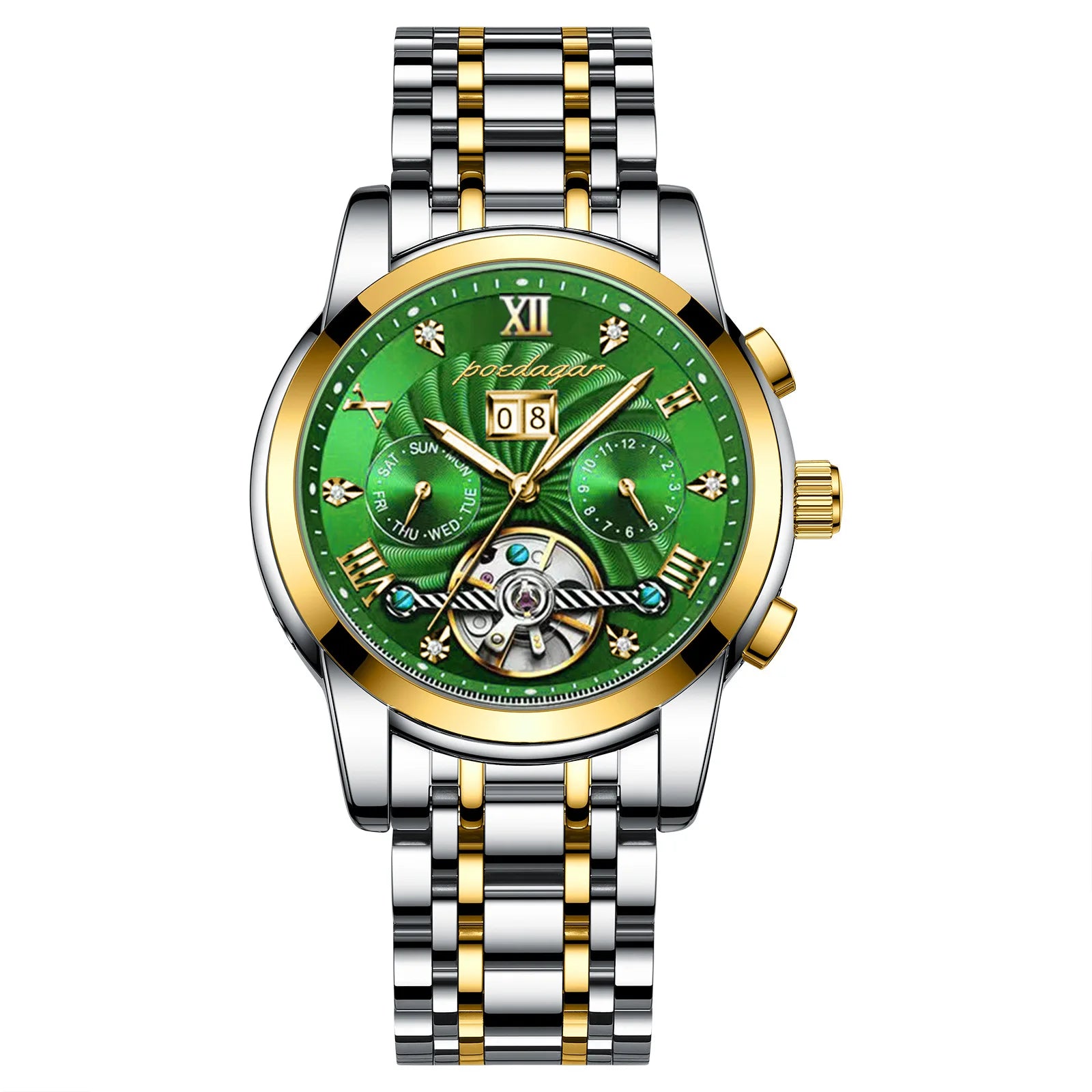 POEDAGAR 1408 Waterproof Date Stainless Steel Belt Men's Watches Luxury Hollow Tourbillon Automatic Mechanical Men Wrist Watch