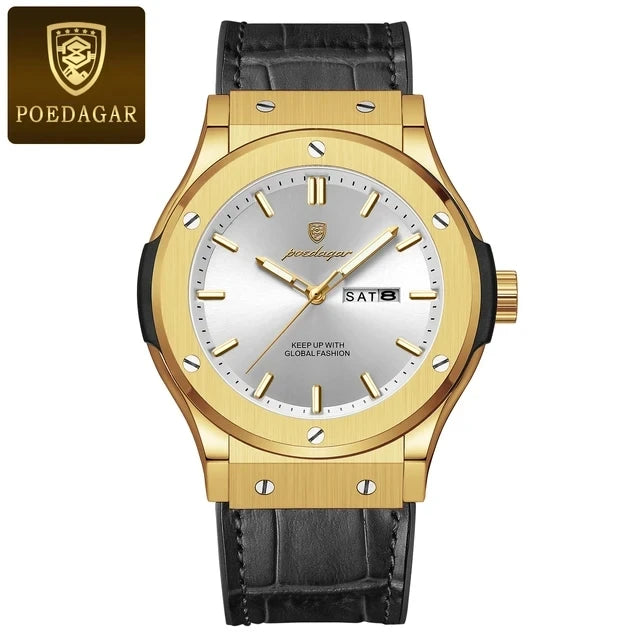 POEDAGAR Fashion Men's Watches Trend Classic Classic Quartz Watch for Man Waterproof Luminous Week Date Wristwatch Leather 952